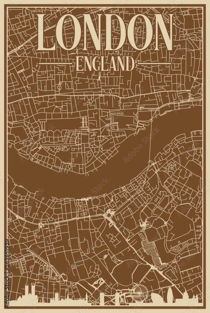 Brown hand-drawn framed poster of the downtown LONDON, ENGLAND with highlighted vintage city skyline and lettering Brown hand-drawn framed poster of the downtown LONDON, ENGLAND with highlighted vintage city skyline and lettering