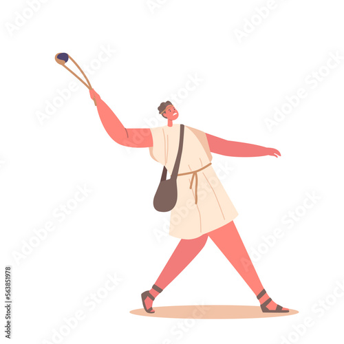 Male Character Throwing Stone With Sling Isolated On White Background. Biblical Story Of David And Goliath Giant