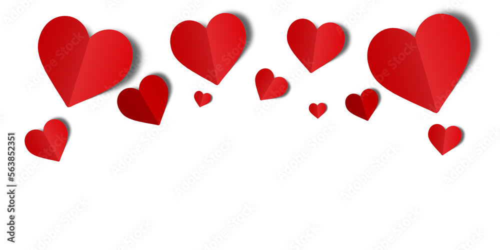 Red paper hearts isolated on transparent background. Valentine's day.