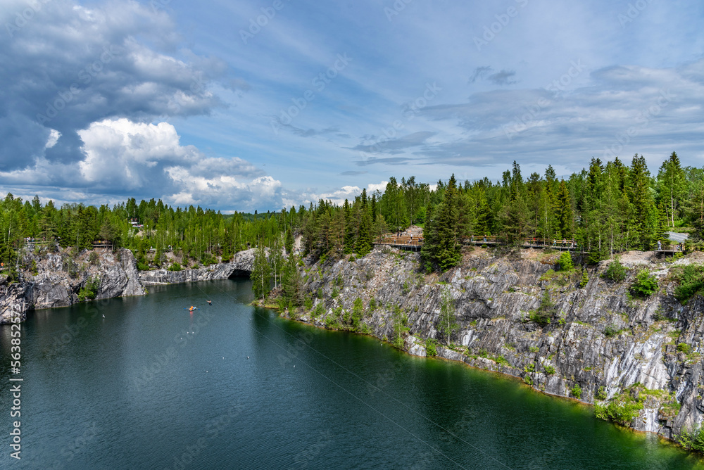 Fototapeta premium Panoramic summer view of Marble Lake in Ruskeala Park in Karelia, Russia.