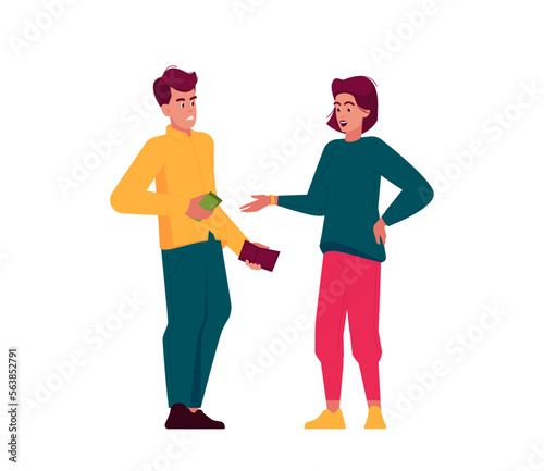 Male and Female Characters Finance Relations. Dissatisfied Husband Gives Salary To His Wife Cartoon Vector Illustration
