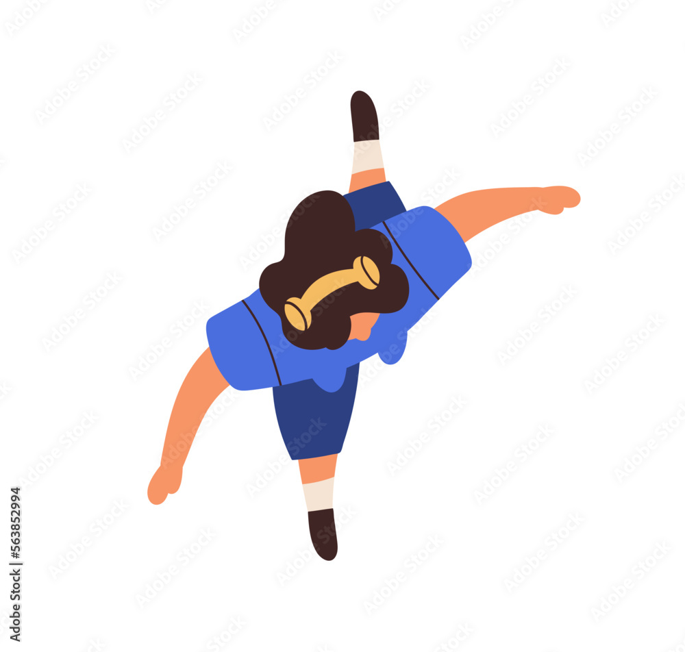 Young person walking in headphones, top down view. Overhead woman going, listening to music outdoors, on street. Girl in head phones from above. Flat vector illustration isolated on white background Young person walking in headphones, top down view. Overhead woman going, listening to music outdoors, on street. Girl in head phones from above. Flat vector illustration isolated on white background