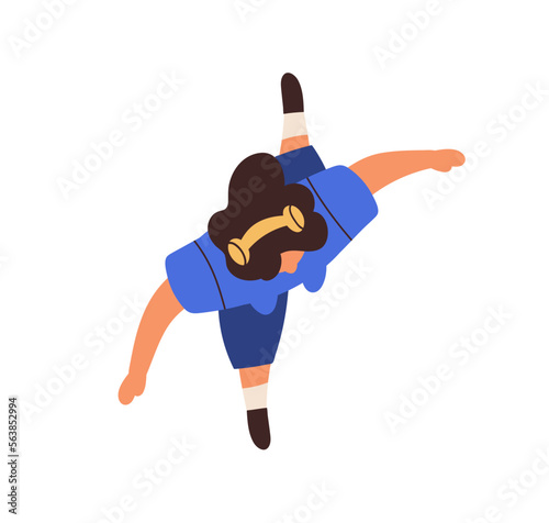 Young person walking in headphones, top down view. Overhead woman going, listening to music outdoors, on street. Girl in head phones from above. Flat vector illustration isolated on white background