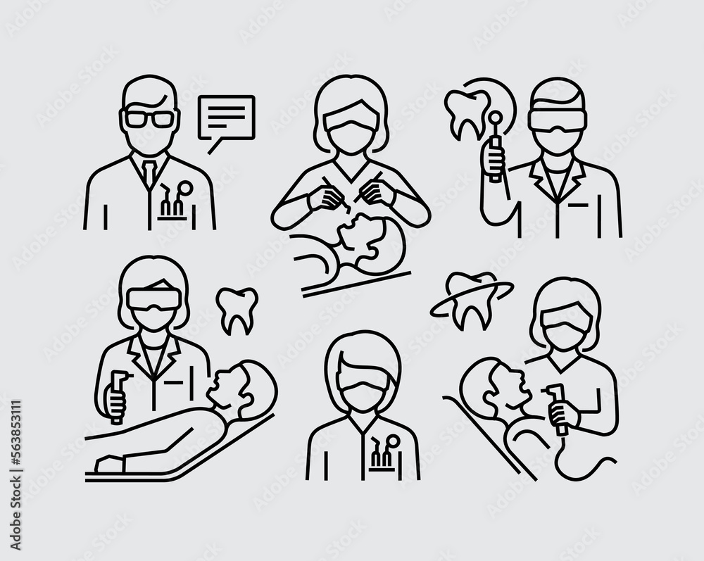 Dentistry Dentist and Patient Dental Care Vector Line Icons Dentistry Dentist and Patient Dental Care Vector Line Icons