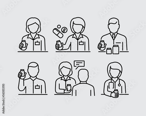 Pharmacist Selling Medications Holding Pills Bottle Vector Line Icons