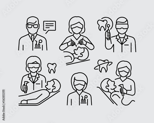 Dentistry Dentist and Patient Dental Care Vector Line Icons