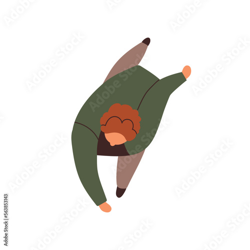 Person walking, top down view. Overhead character going fast, rushing on businesses. Abstract man in motion outdoors, on street from above. Flat vector illustration isolated on white background