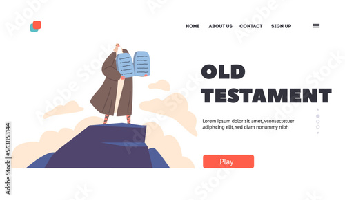 Old Testament Biblical Stories Landing Page Template. Moses Stand On Mountain With Ten Commandments. Prophet Moses