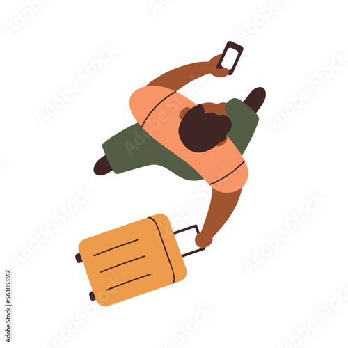 Tourist, passenger walking with spinner luggage, top down view. Overhead man traveling, going with mobile phone, pulling suitcase, baggage. Flat vector illustration isolated on white background