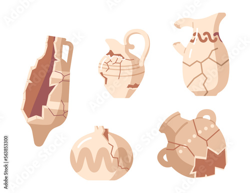 Set Of Old Broken Pottery With Cracks And Holes. Antique Historical Artifacts, Roman Or Greek Crockery With Ornament