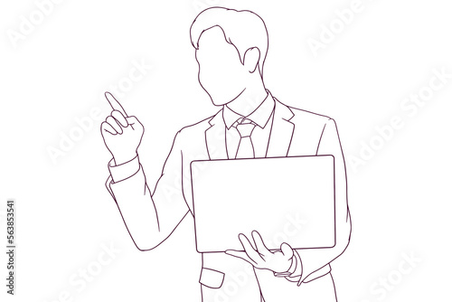 businessman is pointing while holding a laptop hand drawn style vector illustration