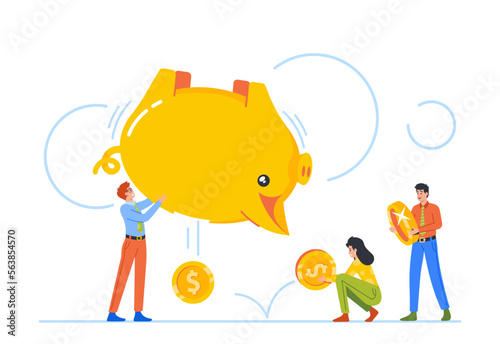 Tiny Male and Female Characters Shaking Huge Piggy Bank, Concept of Poverty, Savings, Budget, Finance Investment