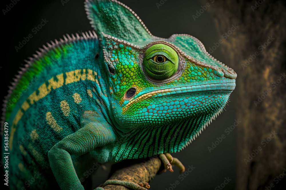 Close up of a green coloured chameleon. Generative AI. Close up of a green coloured chameleon. Generative AI.