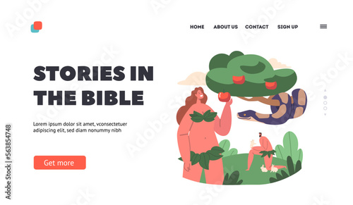 Biblical Story Landing Page Template. Adam and Eve Lapse From Virtue. Evil Serpent Deceive and Tempt Eve