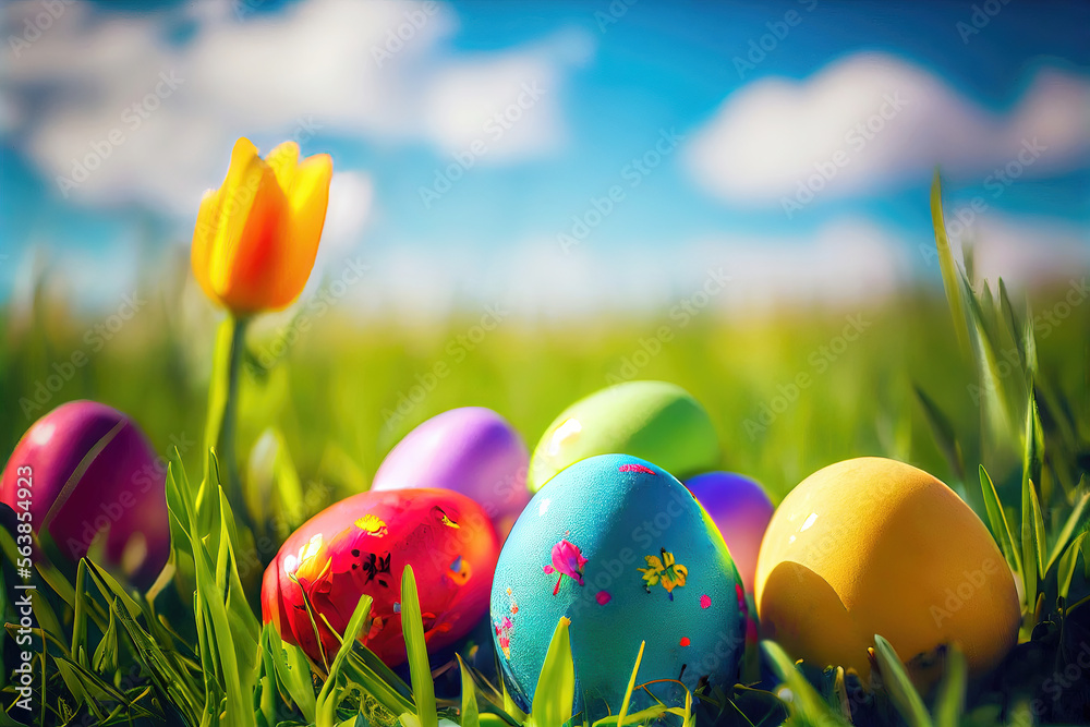 Colorful easter eggs hidden in grass under beautiful blue sky as easter background (Generative AI)
