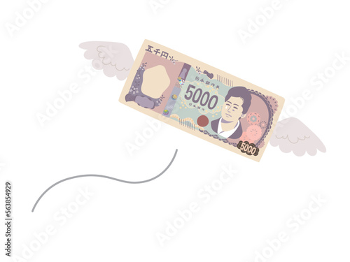 飛んでいくデフォルメの新五千円札のイラスト