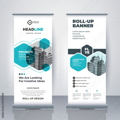 Business Roll Up. Standee Design. Banner Template. Presentation and Brochure.  Modern x-banner and flag-banner advertising. Vector illustration.