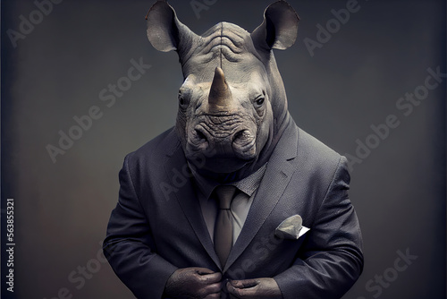 Rhinoceros - anti-crisis manager fastens a button on his business suit. Created with Generative AI technology.