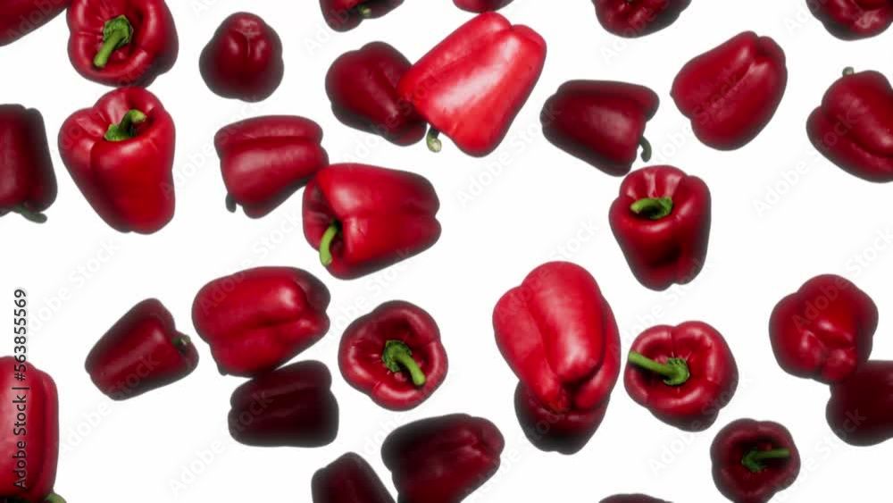 Looping animation featuring a cloud of Red Bell Peppers falling endlessly on a featureless white background. Looping animation featuring a cloud of Red Bell Peppers falling endlessly on a featureless white background.