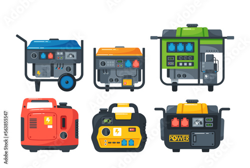 Set of Portable Power Generators. Energy Generating Backup Equipment And Electricity Voltage Source Alternator Machines