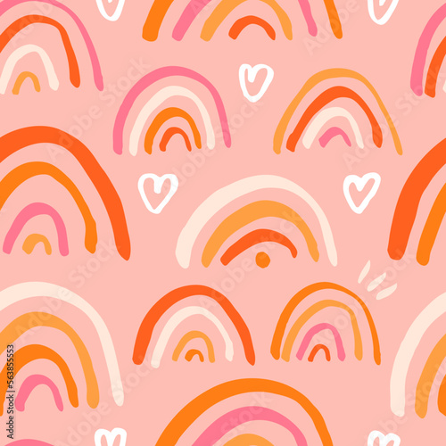 Fototapeta Naklejka Na Ścianę i Meble -  Cute seamless pattern with hand drawn rainbows. Vector dreamy texture. Childish background with rainbow and heart