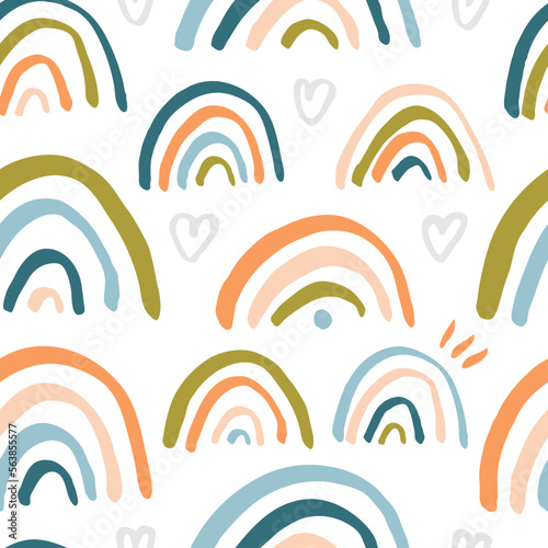 Cute seamless pattern with hand drawn rainbows. Vector dreamy texture. Childish background with rainbow and heart
