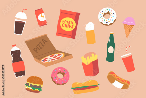 Set Of Fat Unhealthy Food. Cola, Chips, Donut And Ice Cream, Pizza, Burger And French Fries. Hot Dog, Beer, Soda