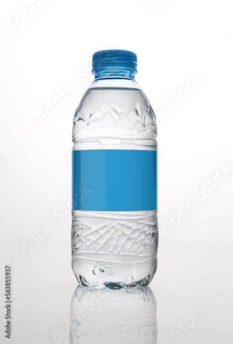 A clear and transparent bottle of pure drinking water with blank label. Mock-up of mineral water bottle with space for branding or logo.