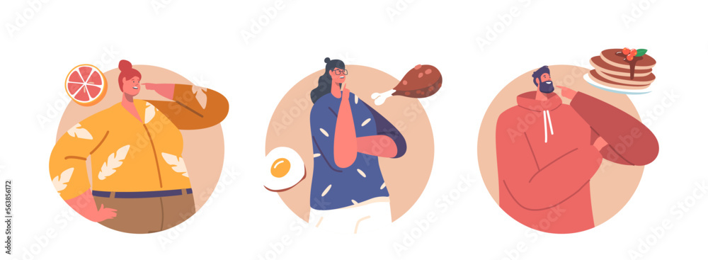 Food Choice Isolated Round Icons Or Avatars. Male And Female Characters Choose Between Different Meals