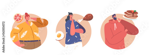 Food Choice Isolated Round Icons Or Avatars. Male And Female Characters Choose Between Different Meals