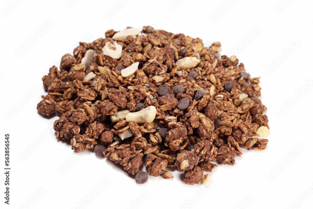 Bunch of granola with oat, fruit, nuts and chocolate isolated on white Bunch of granola with oat, fruit, nuts and chocolate isolated on white