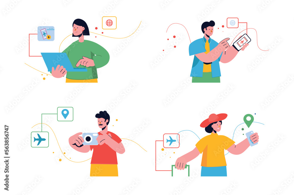 Traveling set concept with people scene in the flat cartoon style. Man and woman plan journeys to different countries during a vacation. Vector illustration. Traveling set concept with people scene in the flat cartoon style. Man and woman plan journeys to different countries during a vacation. Vector illustration.