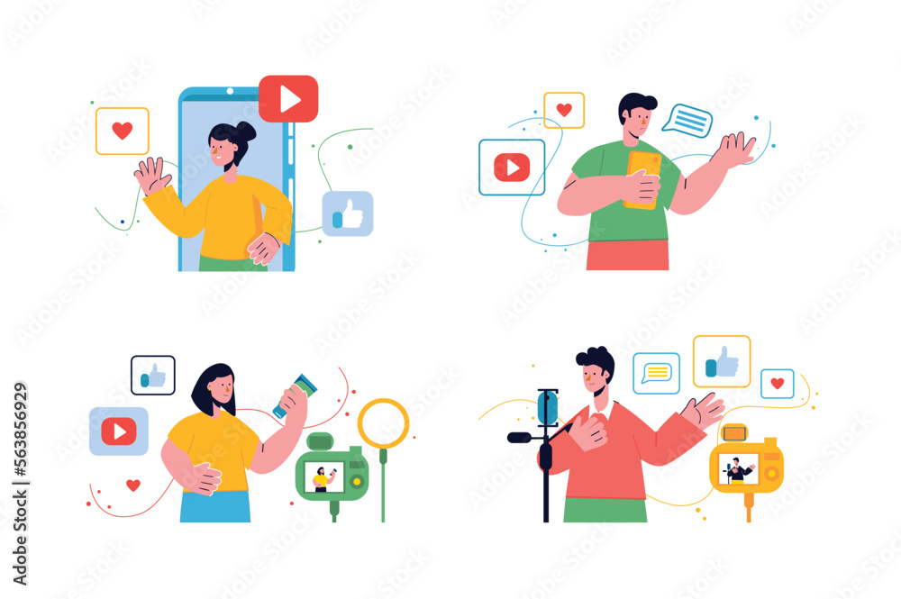 Video blogging set concept with people scene in the flat cartoon style. Bloggers record cool video on the YouTube channel. Vector illustration.
