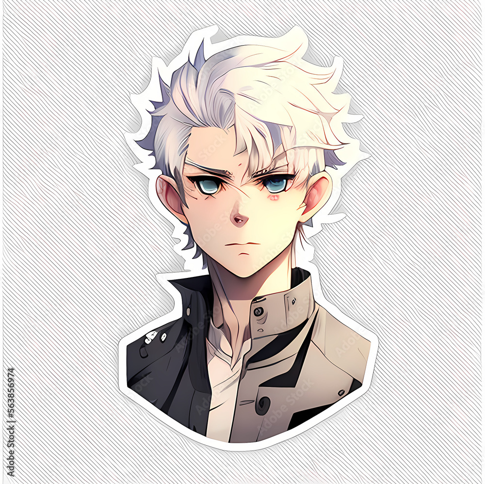 Anime boy with intricate white hair and blue eyes Stock