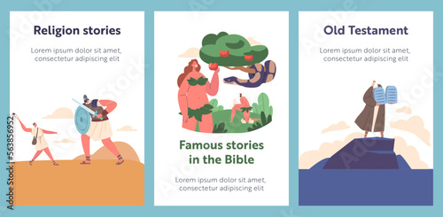 Bible Narratives and Stories Cartoon Banners With Legendary Characters Scenes. Eva and Snake, David And Goliath, Moses