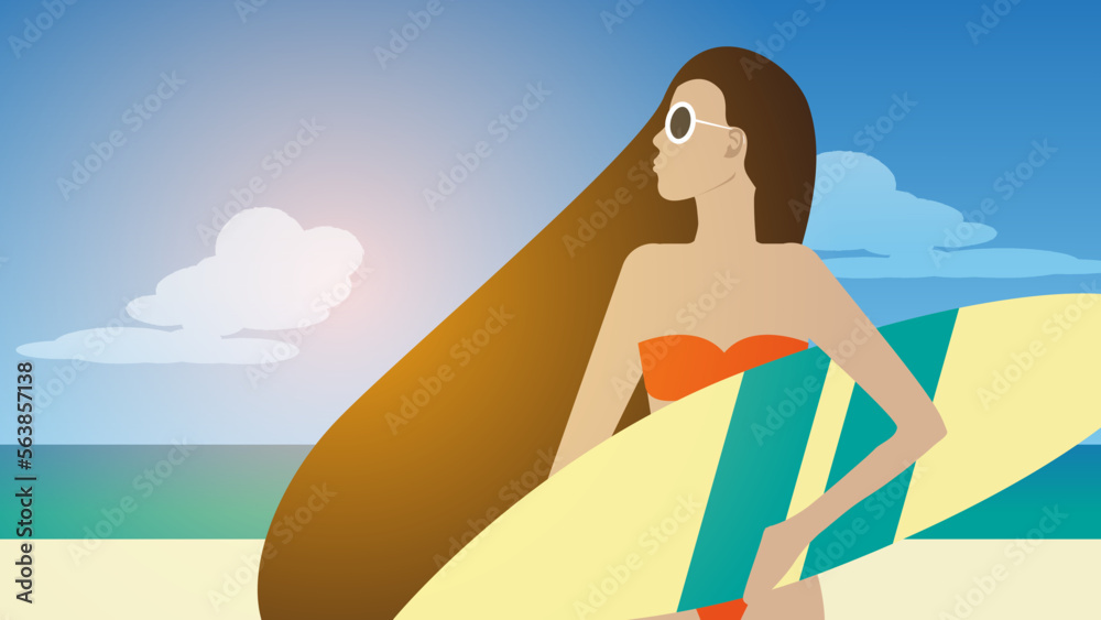 A slender tanned girl in an orange swimsuit with long hair against the background of the seashore in the rays of the sun with a surfboard in her hands. Summer bright background. Flat vector