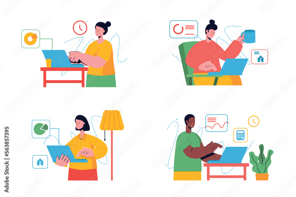 Freelance working set concept with people scene in the flat cartoon style. People work at home and earn money completing tasks on a laptop. Vector illustration.