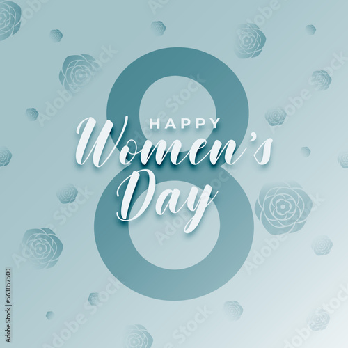 Happy women's day. International Women's Day card design with floral decoration, big eight and text on white-blue gradient. Vector illustration.