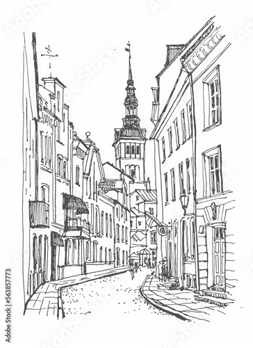 Sketch of Tallinn  Estonia. A hand-drawn old building  with a pen on paper. Urban sketch in black color on white background. Building line art. Freehand drawing. Hand drawn travel postcard. 