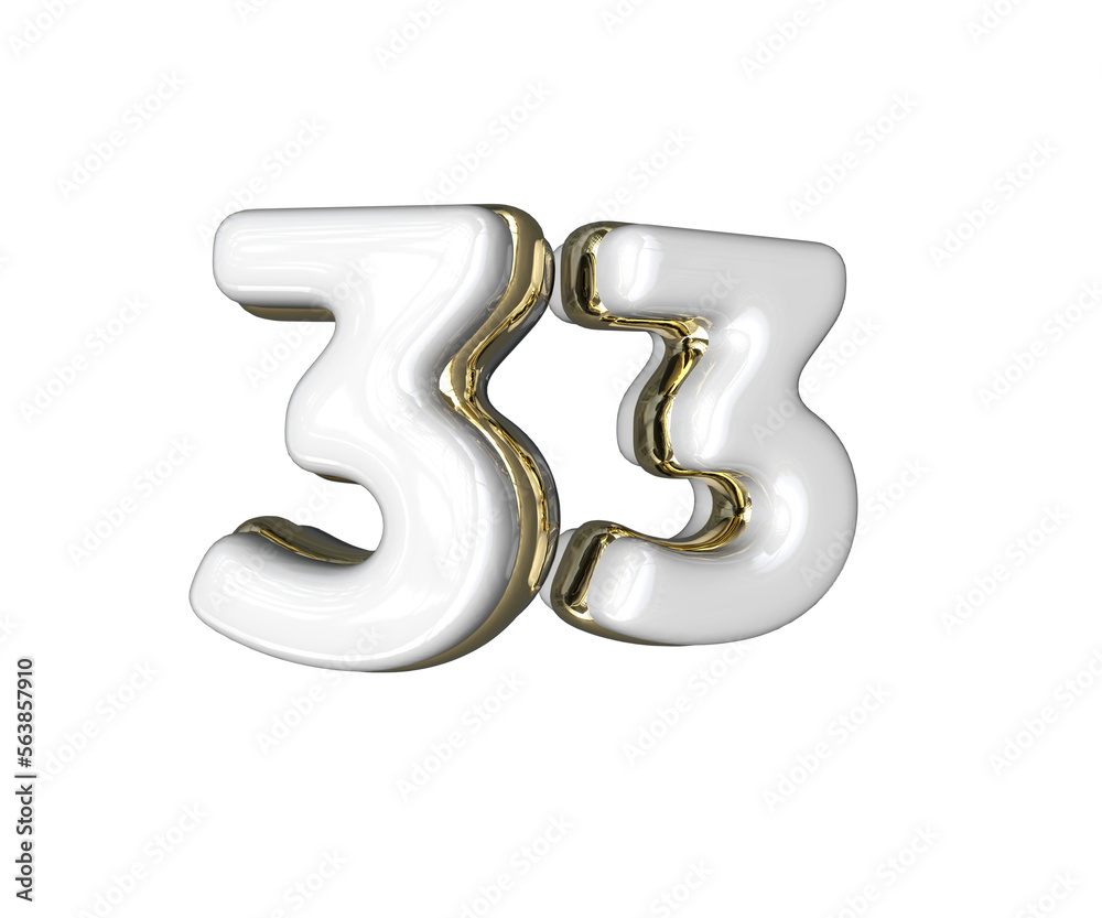 Realistic Number 33 3D render with Gold and white colors