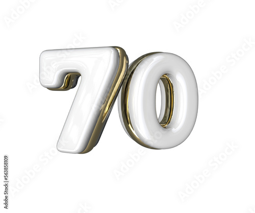 Realistic Number 70 3D render with Gold and white colors