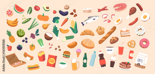 Set of Healthy and Unhealthy Products. Fast Food Burger, Cola and French Fries, Pizza or Alcohol. Vegetable and Fruits