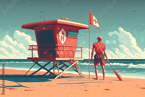 Cartoon style illustration of a lifeguard - AI generative