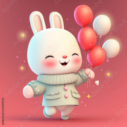 Draw greeting card and print pattern of cute rabbit holding balloons