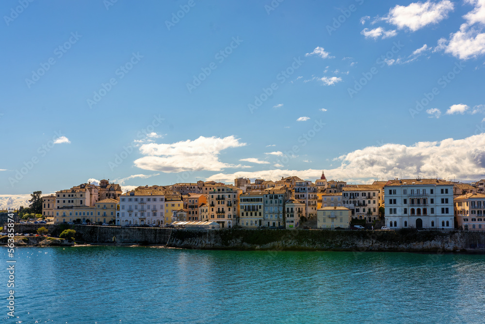 Panorama Corfu town from the sea. Old town buildings of Kerkyra island