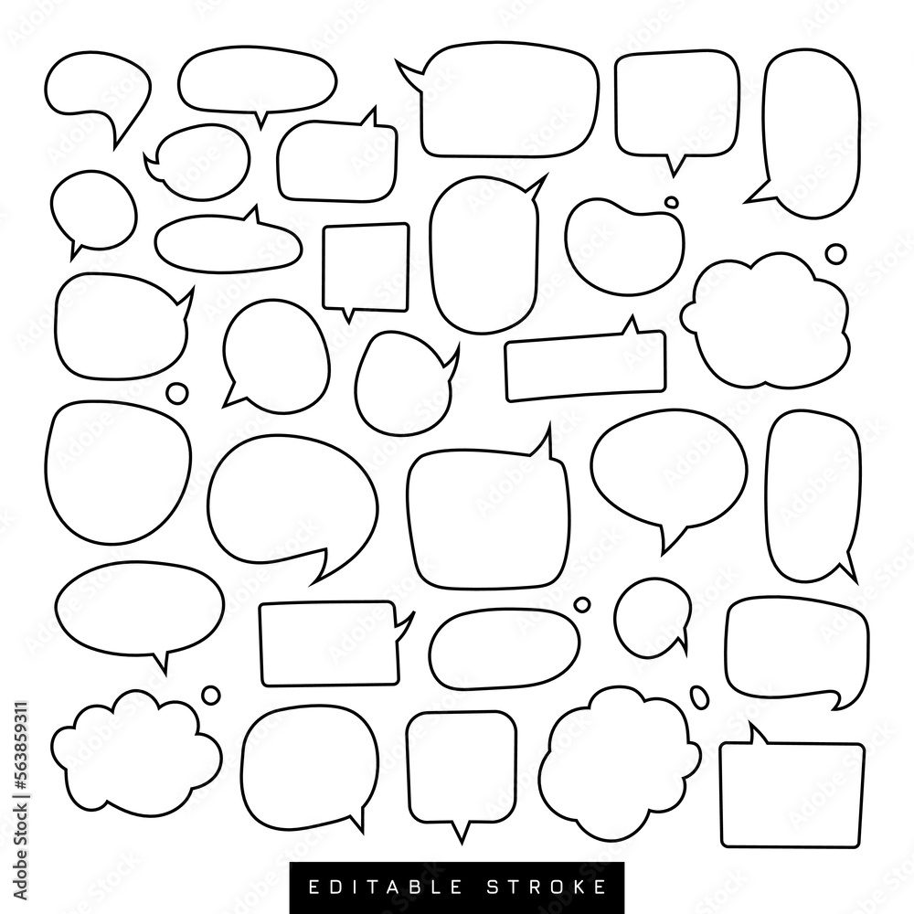 Fototapeta premium Speech Bubbles Set of Outlined Circle Distorted Rectangle and Square Blank Trendy Shapes, Editable Stroke Elements on White Background