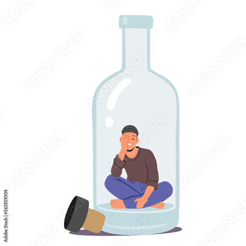 Drunk Man with Alcohol Addiction Sitting on Bottom of Empty Bottle. Alcoholism Concept with Male Character