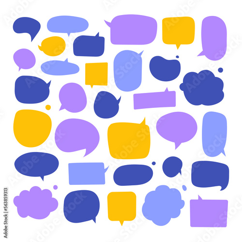 Big set of dialog boxes different variants drawn by hand. Vector flat illustrations. Collection pastel colors doodle for talk, dialogue, decoration on white background