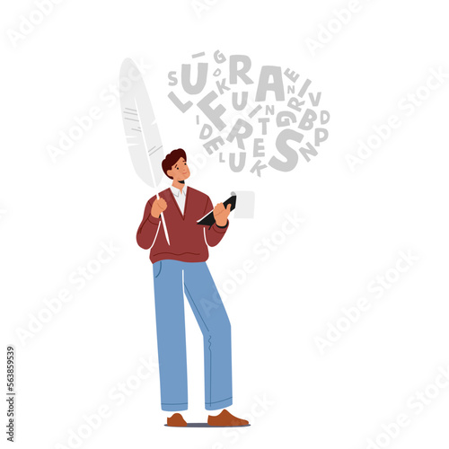 Poet Male Character Holding Huge Feather Pen and Notebook Create Poem or Novel Isolated on White Background