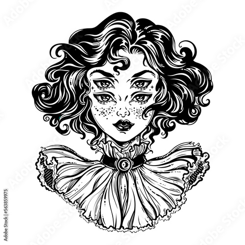 Devil girl portrait with gothic collar, four eyes.